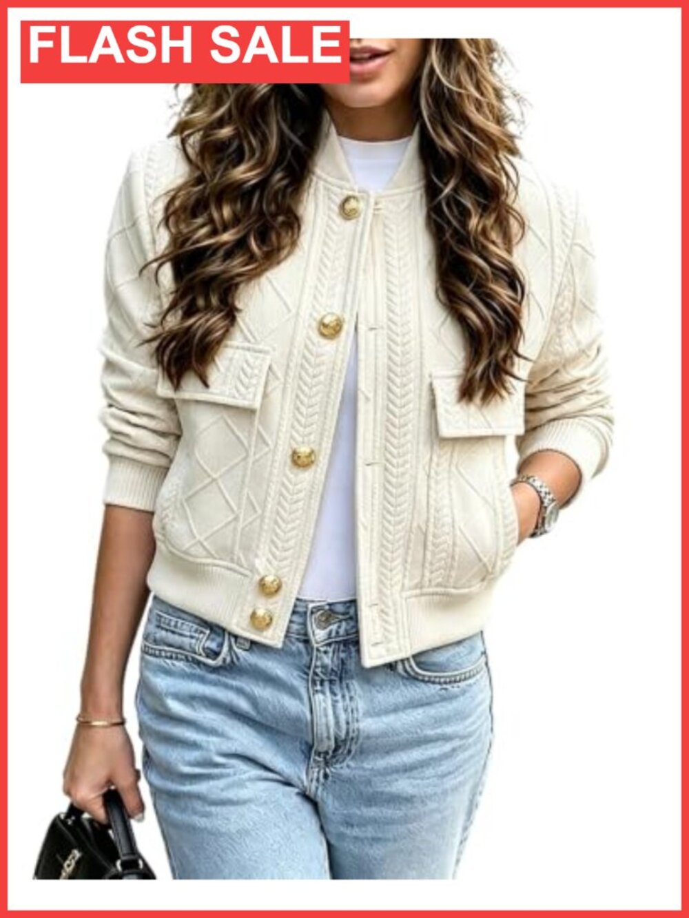 Womens Bomber Jacket Argyle Cable Knit Cropped Casual